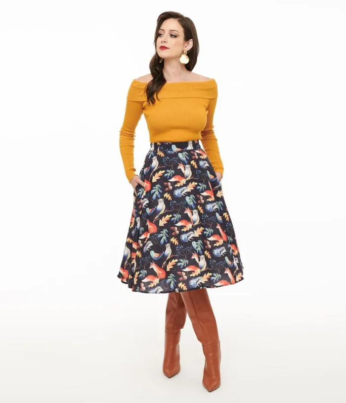 1950s Navy Fox Print Swing Skirt Clothing Unique Vintage Skirts