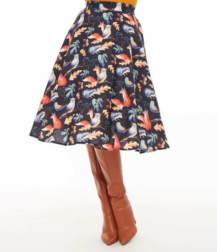 1950s Navy Fox Print Swing Skirt Clothing Unique Vintage Skirts