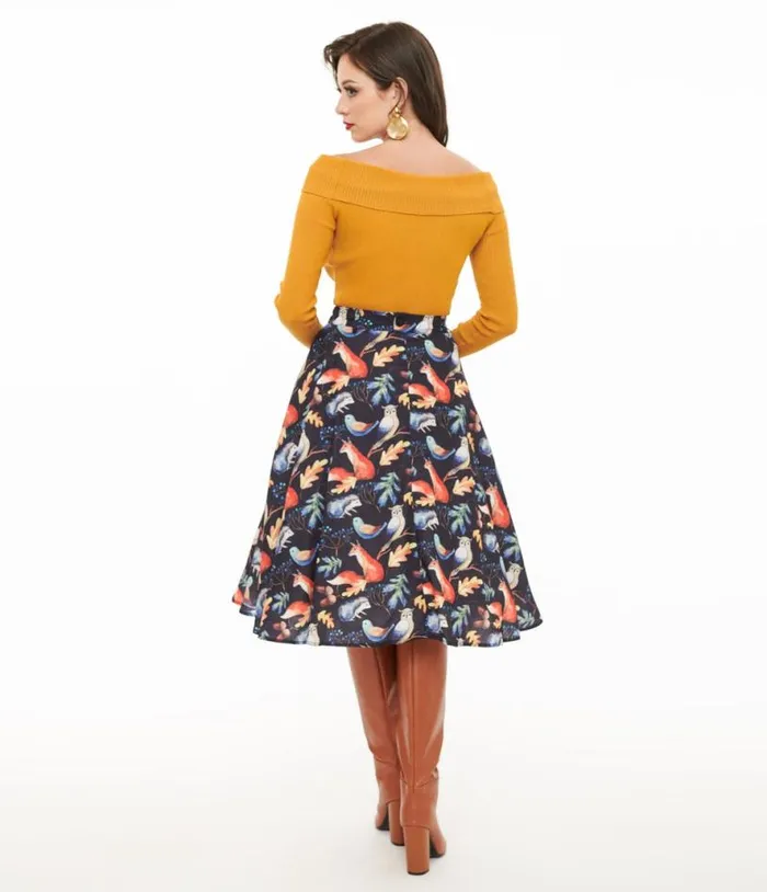 1950s Navy Fox Print Swing Skirt Clothing Unique Vintage Skirts