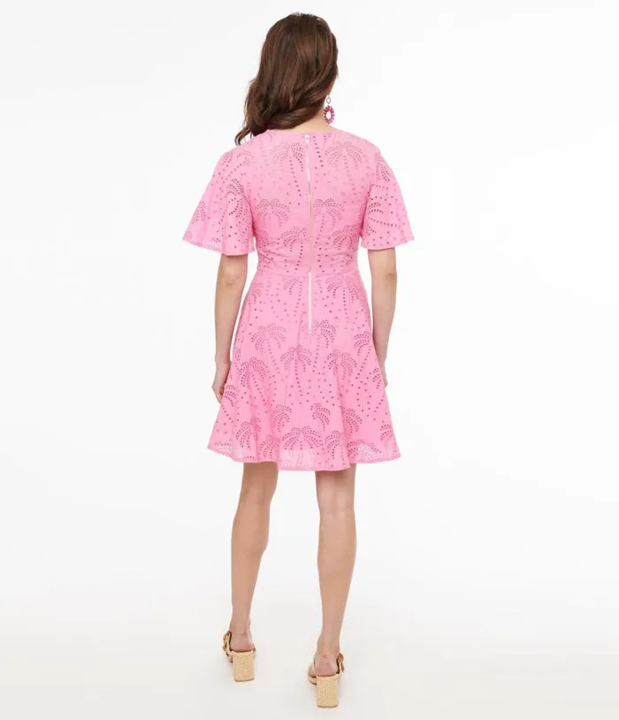 1950s Pink Palm Eyelet Key West Cotton Fit and Flare Dress DressesPlus Unique Vintage Fit and Flare