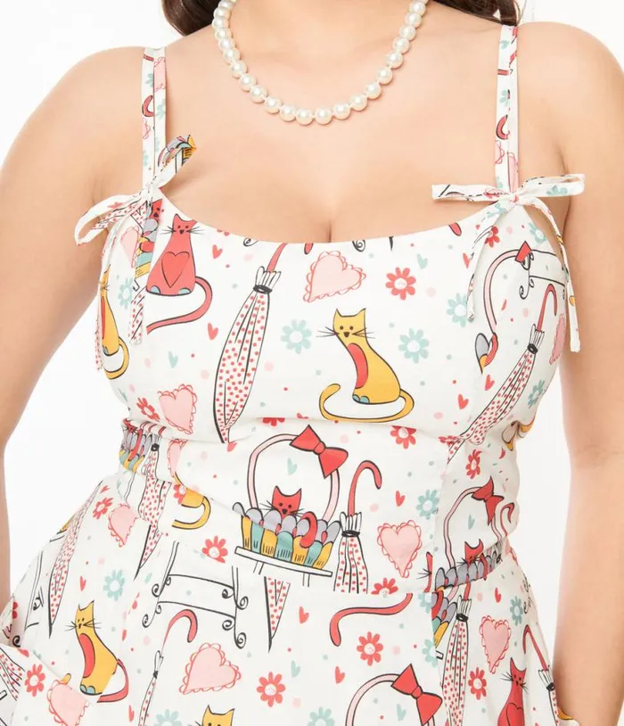 1950s Red and Yellow Cat Print Cotton Bobbie Swing Dress Dresses Unique Vintage Pocket Dresses