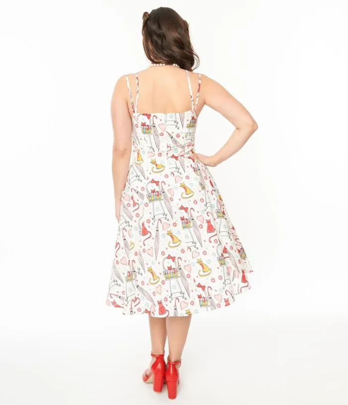 1950s Red and Yellow Cat Print Cotton Bobbie Swing Dress Dresses Unique Vintage Pocket Dresses