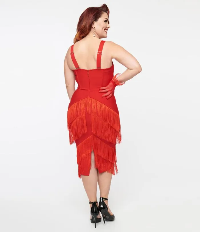 1950s Red Fringe Speakeasy Wiggle Dress DressesPlus Unique Vintage Pencil