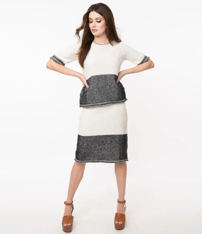 1970s Style Ivory and Black Colorblock Knit Skirt Clothing Unique Vintage Skirts 1970s Style Ivory and Black Colorblock Knit Skirt Clothing Unique Vintage Skirts