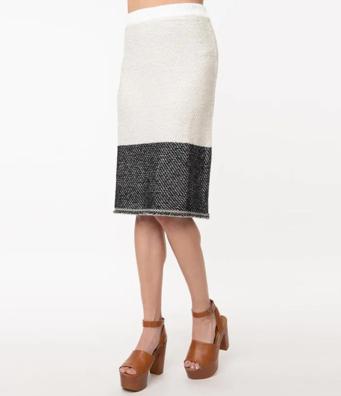 1970s Style Ivory and Black Colorblock Knit Skirt Clothing Unique Vintage Skirts