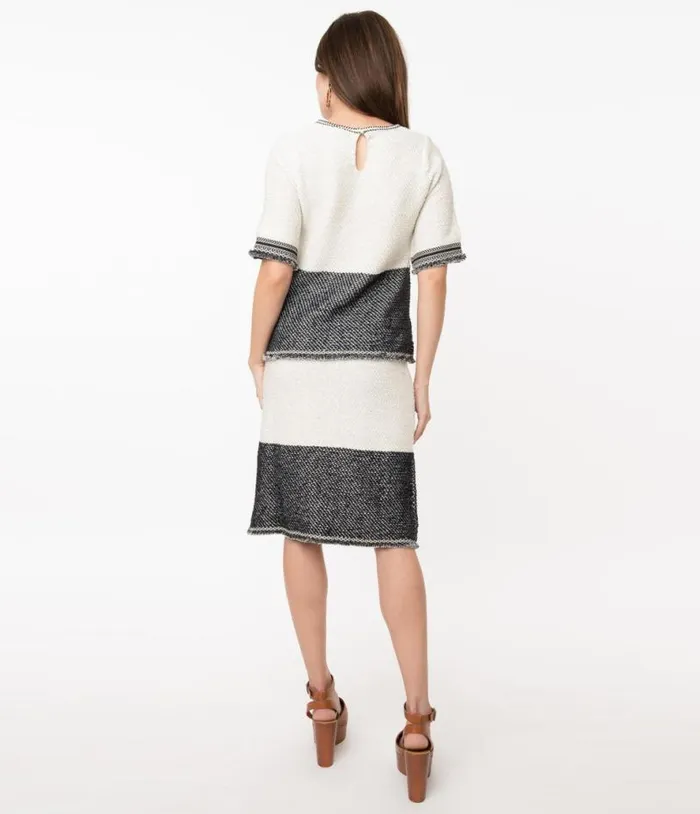 1970s Style Ivory and Black Colorblock Knit Skirt Clothing Unique Vintage Skirts