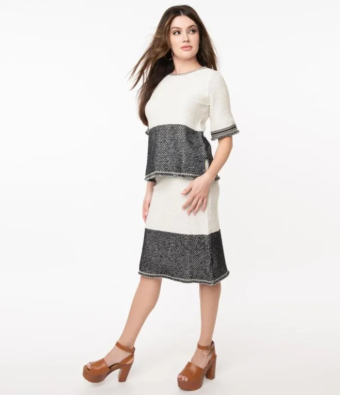 1970s Style Ivory and Black Colorblock Knit Skirt Clothing Unique Vintage Skirts