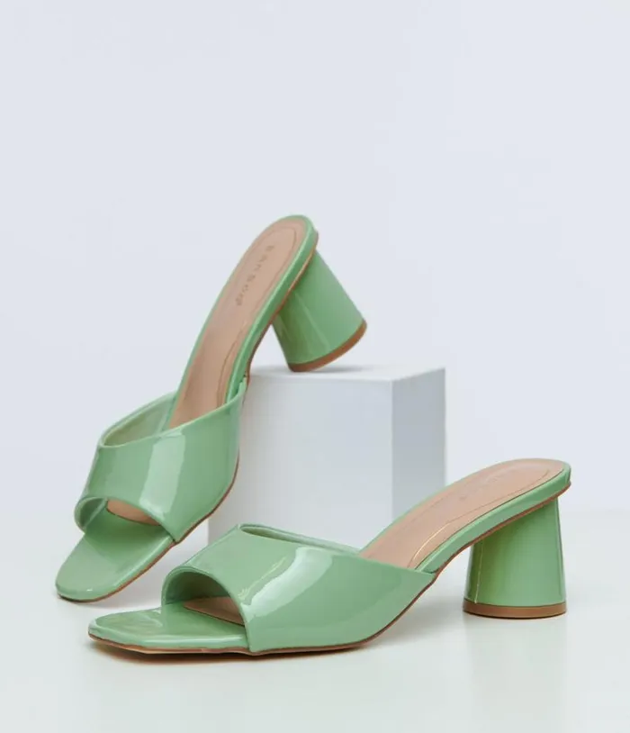 1990s Sage Green Square Toe Mules Shoes Unique Vintage Heels