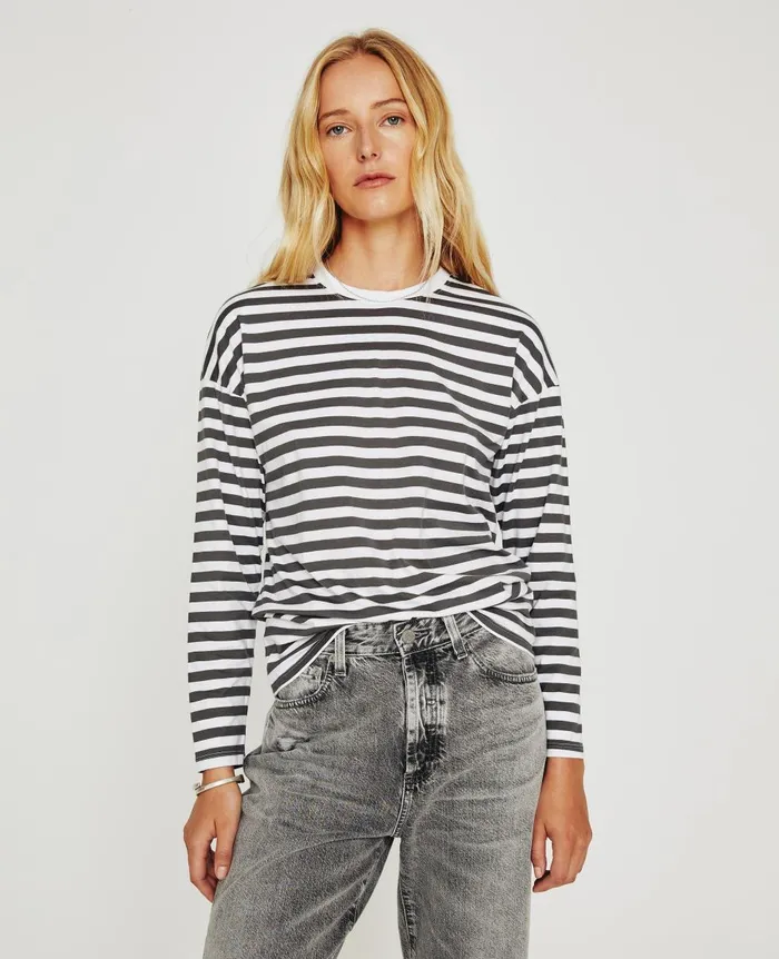 AG Jeans Fay LS Crew True Whitefolkestone Grey Women Tees and Tanks