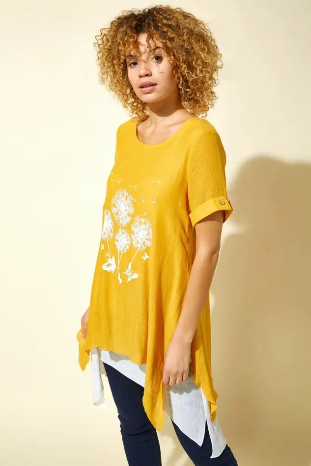 Amber Dandelion Floral Hanky Hem Tunic Top Women Roman Tops