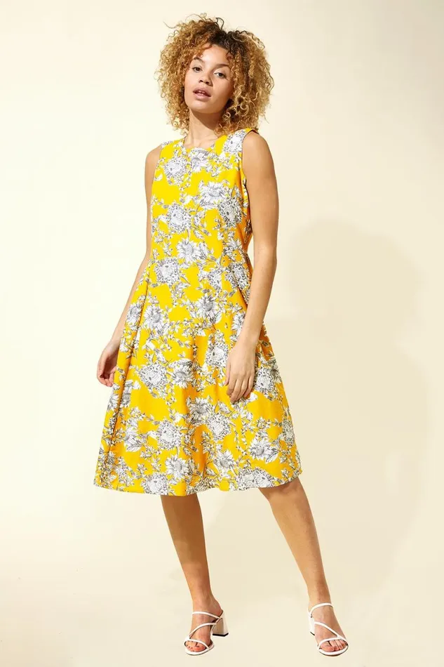 Amber Floral Print Pleat Swing Dress Women Roman Dresses