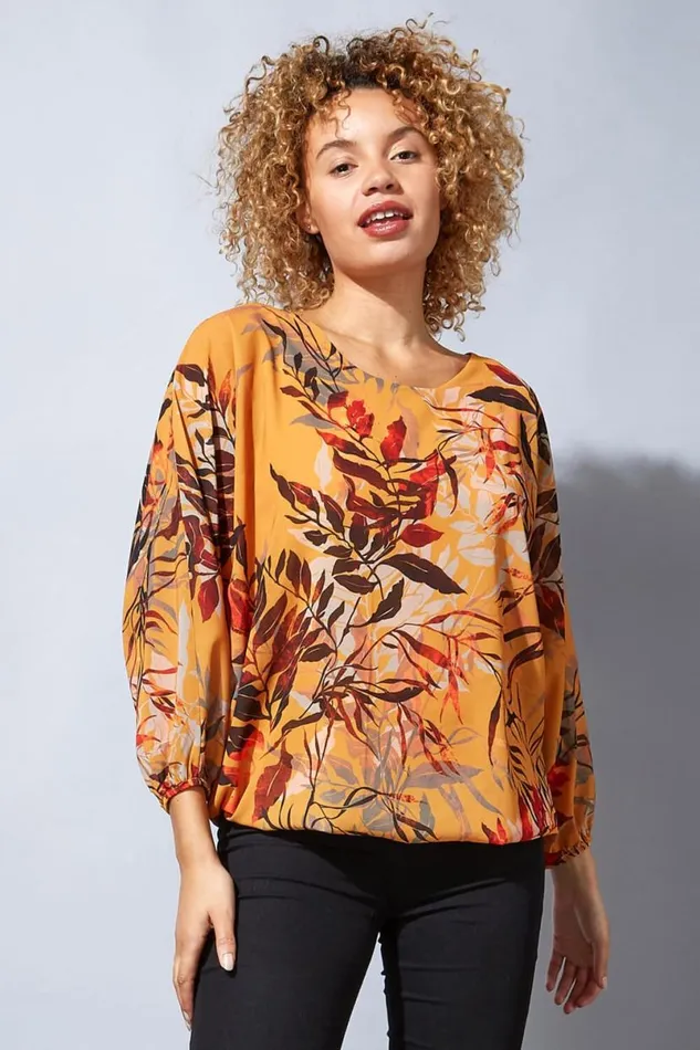 Amber Leaf Print Bubble Hem Top Women Roman Tops