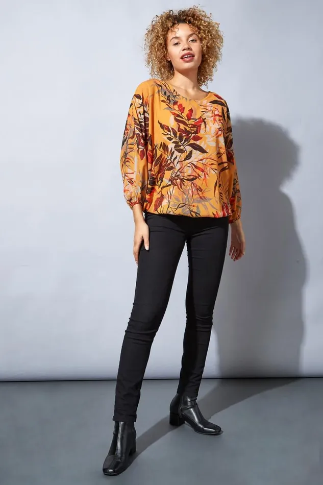 Amber Leaf Print Bubble Hem Top Women Roman Tops
