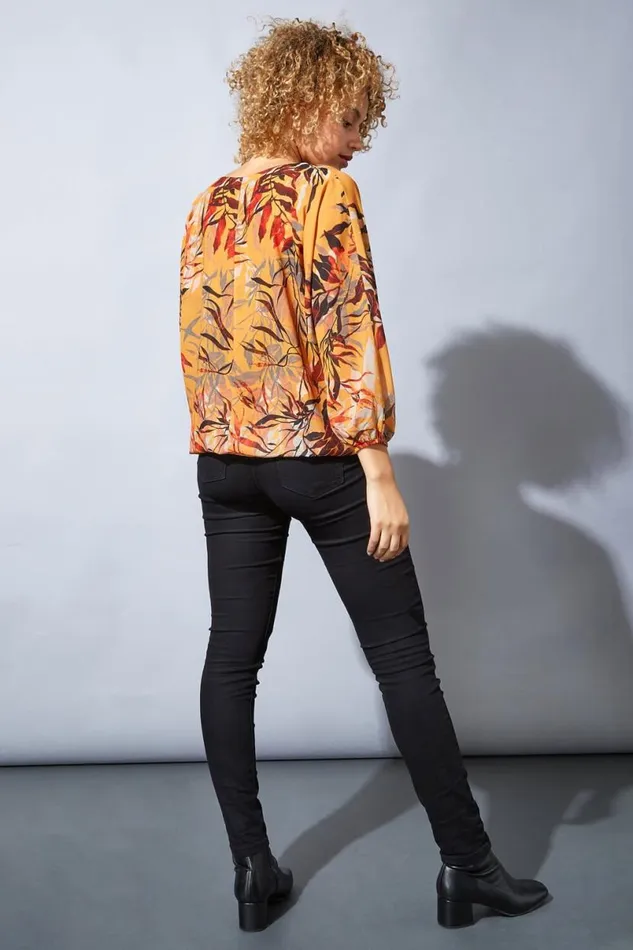 Amber Leaf Print Bubble Hem Top Women Roman Tops