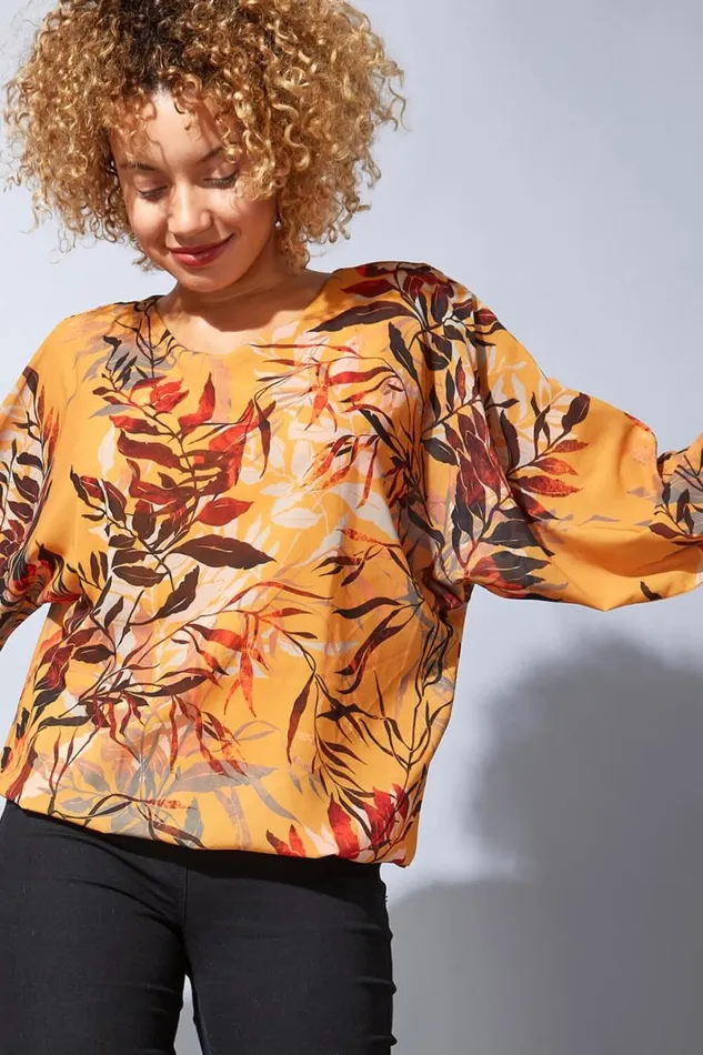 Amber Leaf Print Bubble Hem Top Women Roman Tops