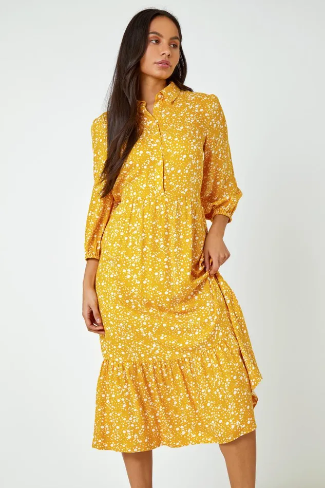 Amber Spot Print Tiered Shirt Dress Women Roman Dresses