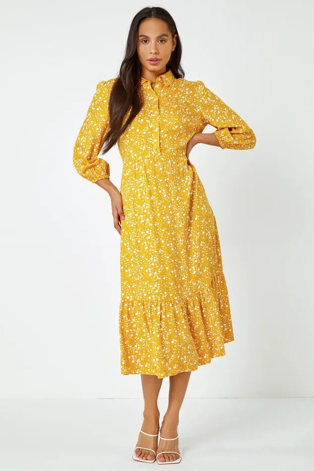 Amber Spot Print Tiered Shirt Dress Women Roman Dresses