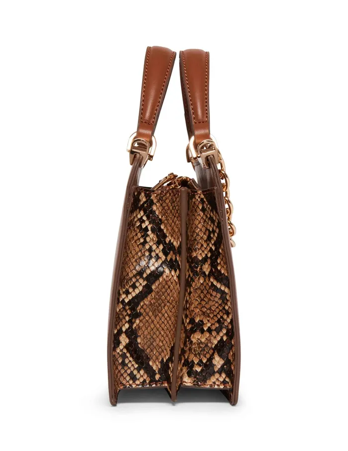 Anne Klein Mini Convertible Snake Trimmed Satchel With Swag Chain Chestnut Women Handbags