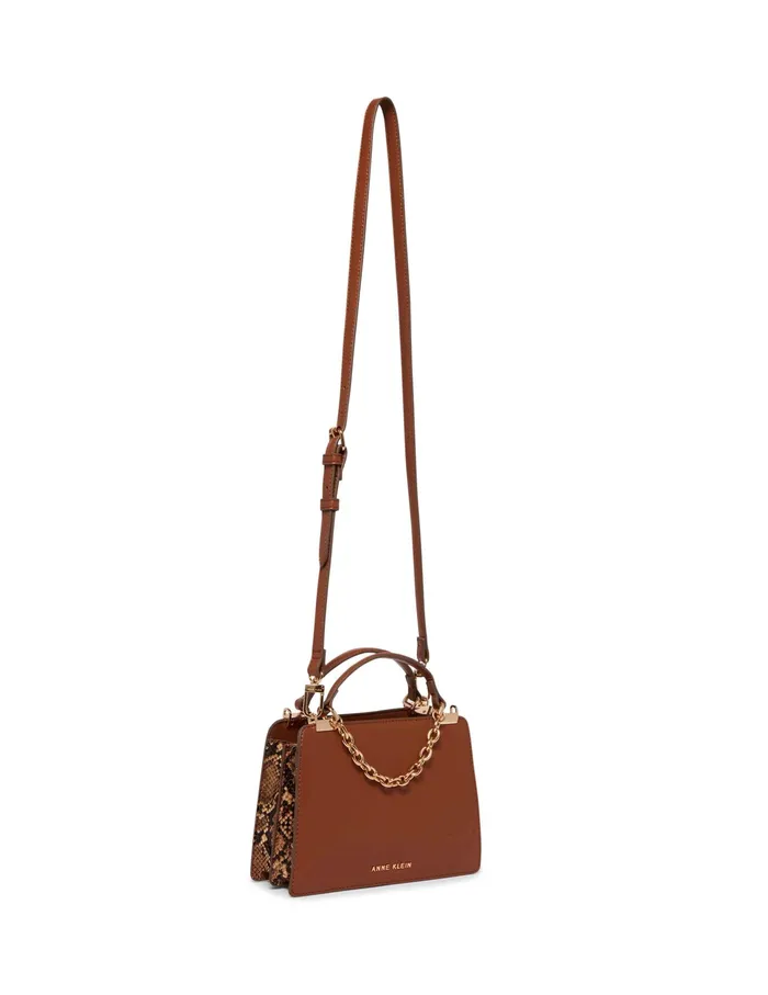 Anne Klein Mini Convertible Snake Trimmed Satchel With Swag Chain Chestnut Women Handbags