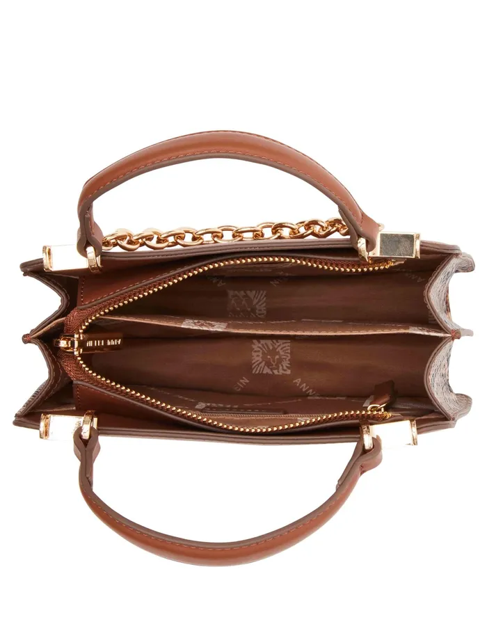 Anne Klein Mini Convertible Snake Trimmed Satchel With Swag Chain Chestnut Women Handbags