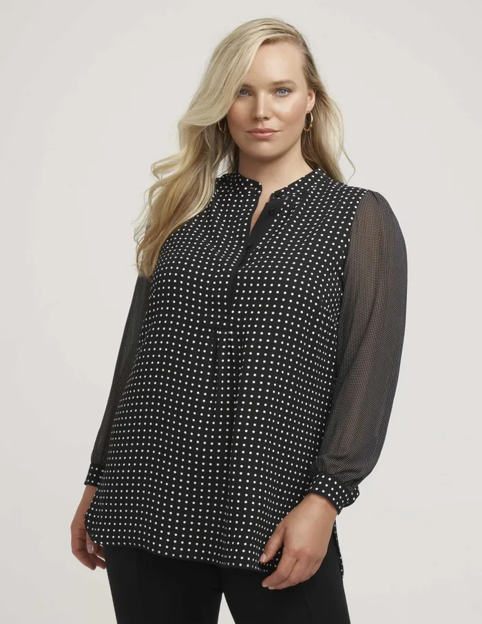 Anne Klein Plus Size Combo Sleeve Dot Print Poet Blouse Black Women Clothing