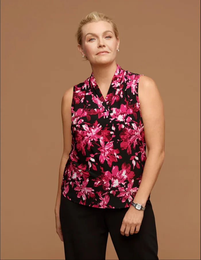 Anne Klein Plus Size Printed Triple Pleat Top Anne Black Women Clothing