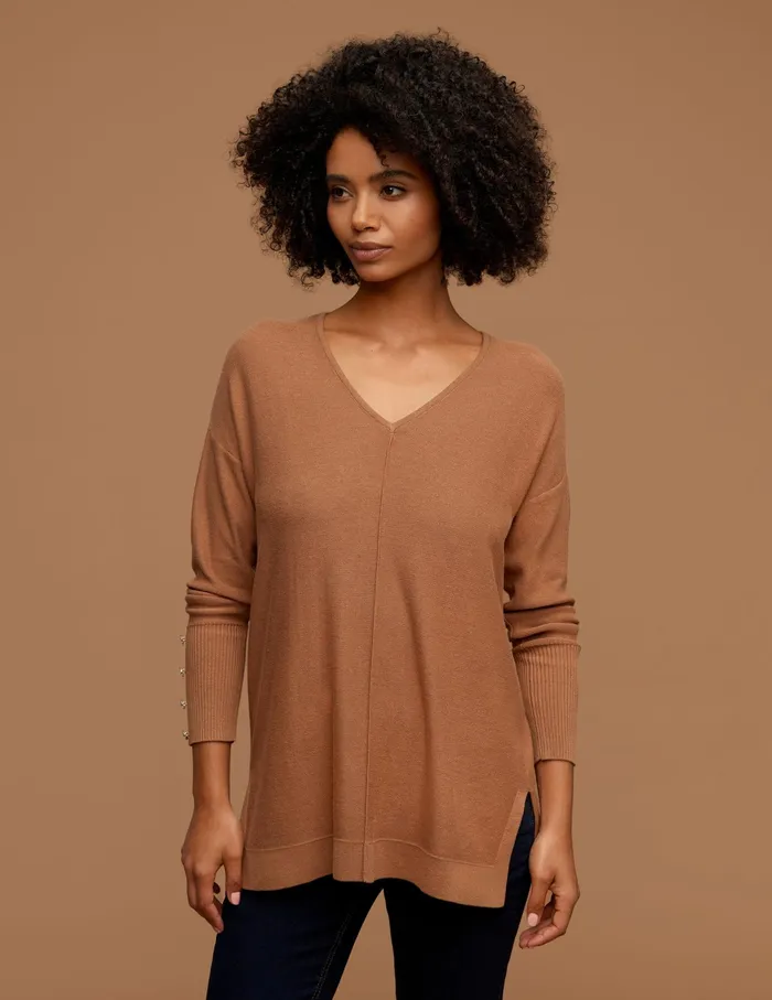 Anne Klein V Neck Long Sleeve With Buttons Vicuna Women Clothing