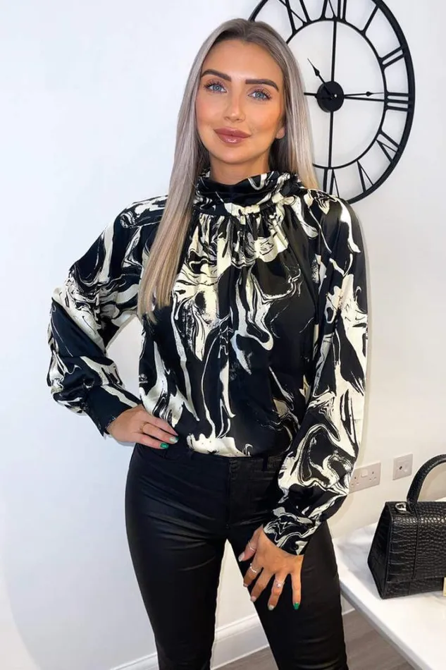 AX Paris Black And Cream Marble Print Long Sleeve Top Tops