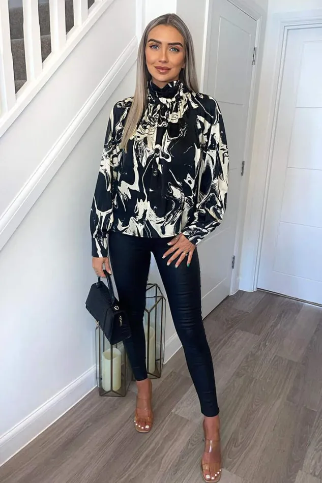AX Paris Black And Cream Marble Print Long Sleeve Top Tops