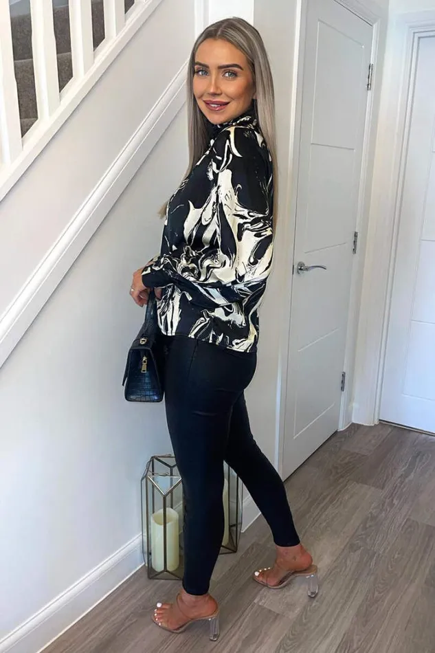 AX Paris Black And Cream Marble Print Long Sleeve Top Tops