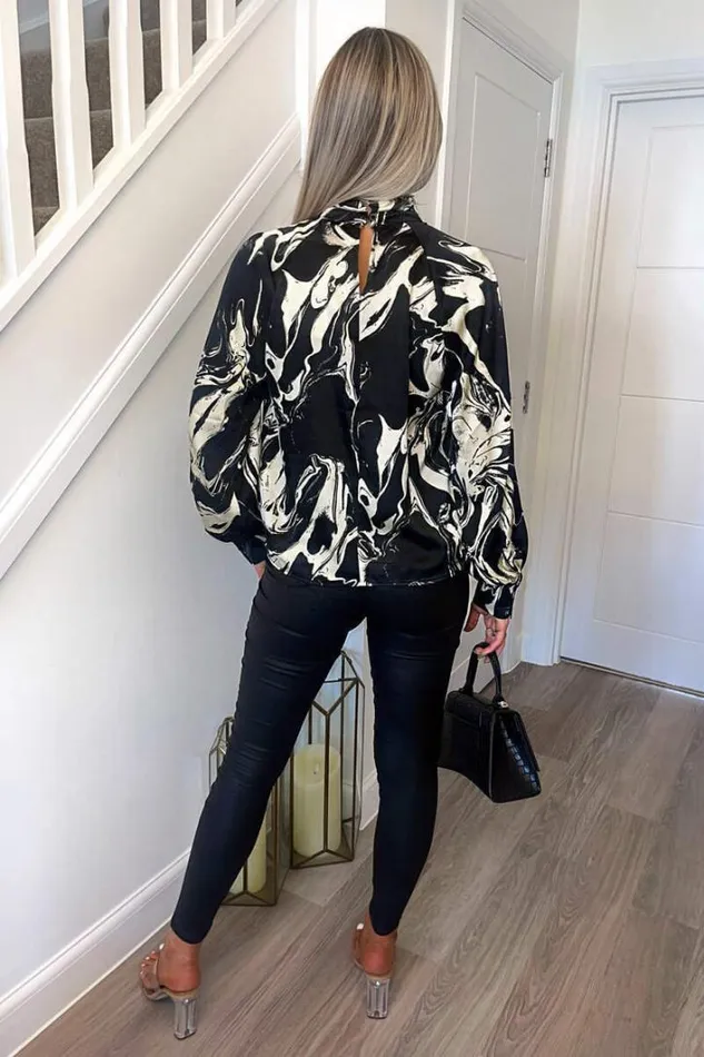 AX Paris Black And Cream Marble Print Long Sleeve Top Tops