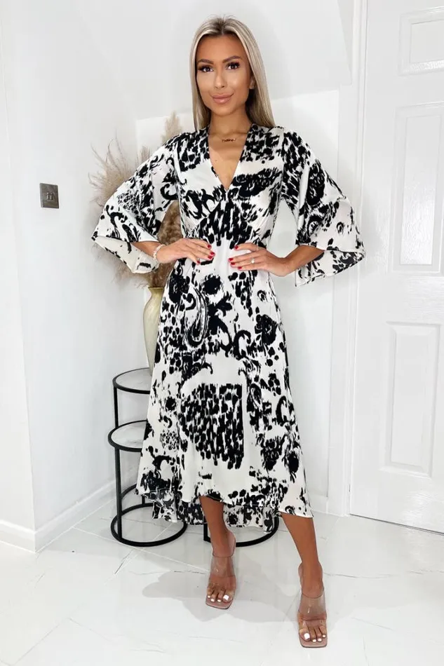 AX Paris Black And Cream Printed V Neck Bell Sleeve Midi Dress Dresses