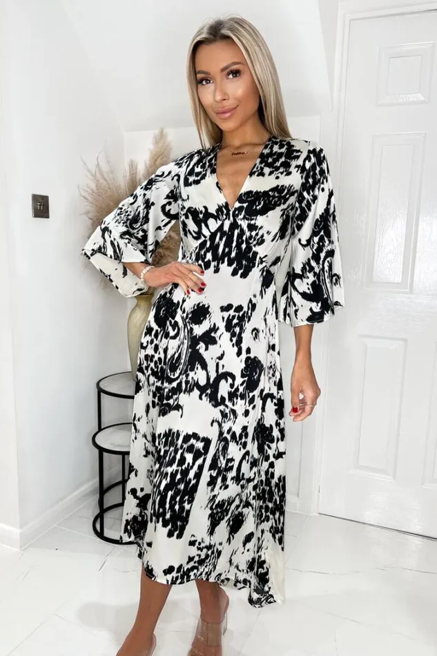 AX Paris Black And Cream Printed V Neck Bell Sleeve Midi Dress Dresses