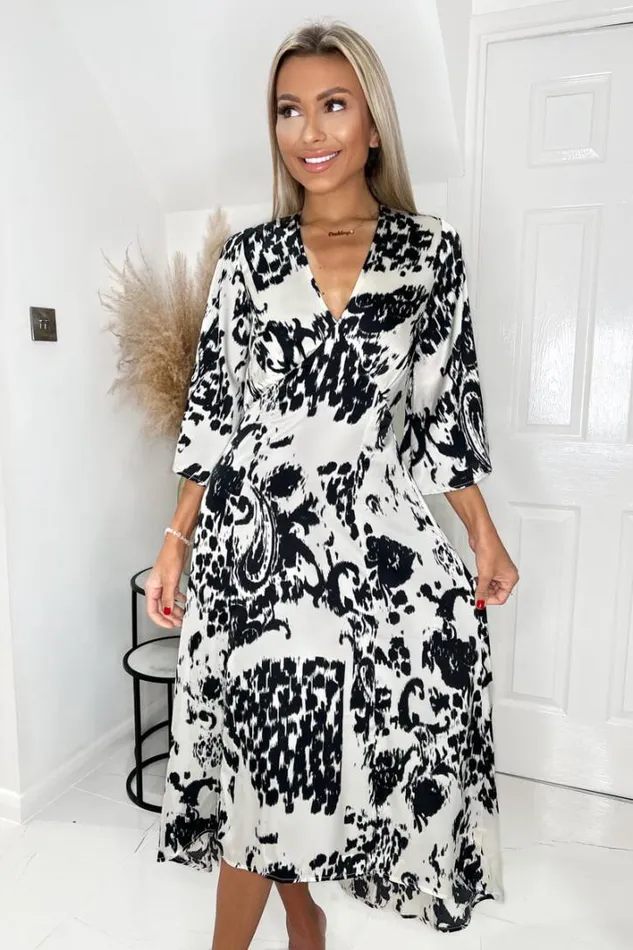 AX Paris Black And Cream Printed V Neck Bell Sleeve Midi Dress Dresses