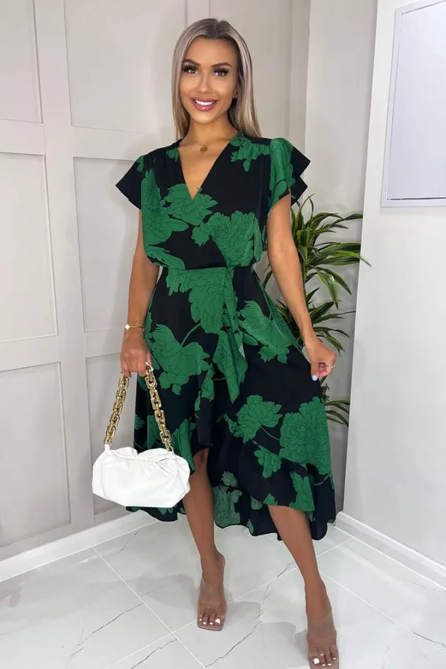 AX Paris Black And Green Floral Print Wrap Midi Dress Dresses