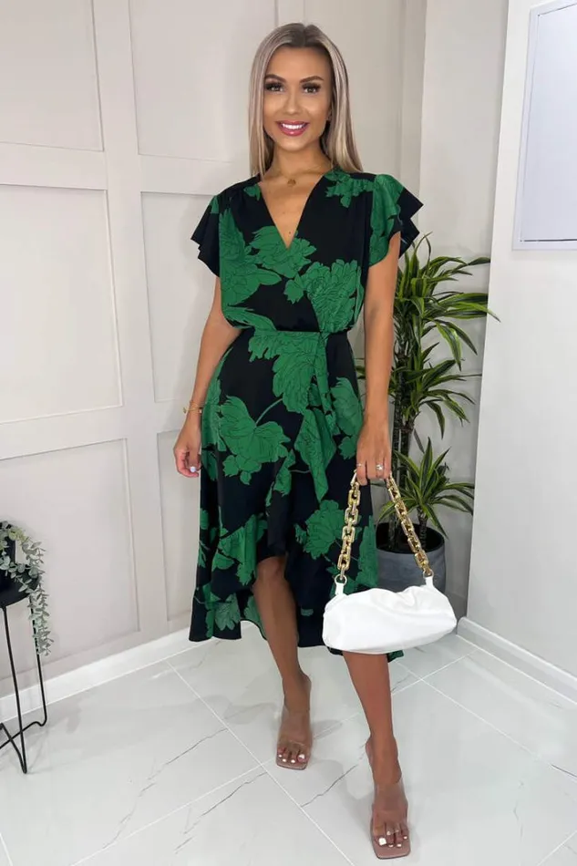 AX Paris Black And Green Floral Print Wrap Midi Dress Dresses