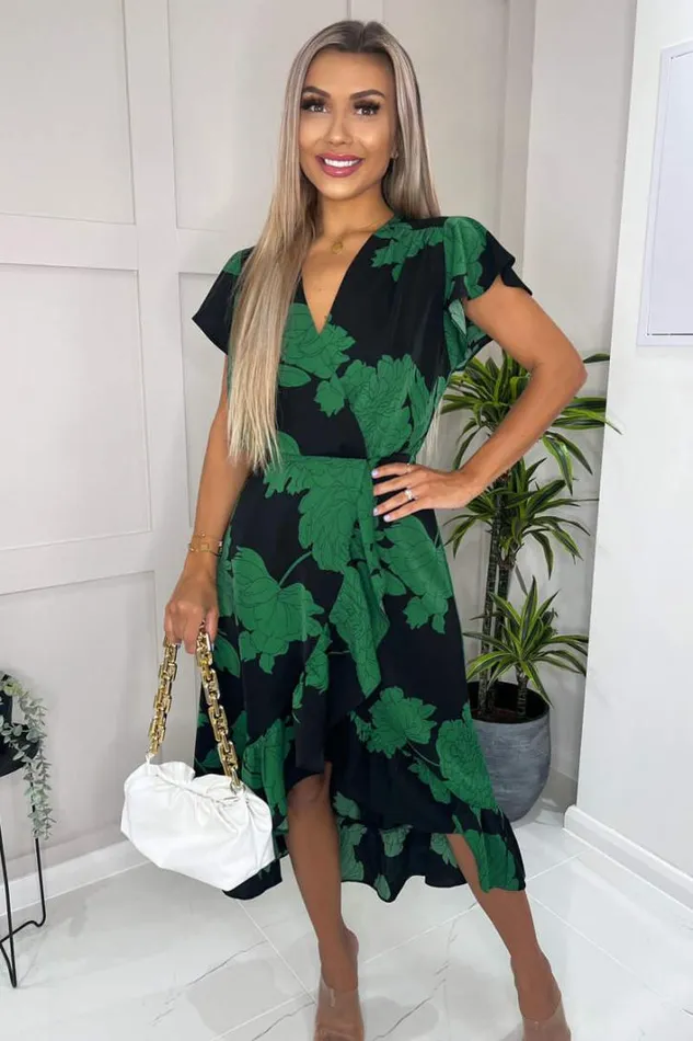 AX Paris Black And Green Floral Print Wrap Midi Dress Dresses