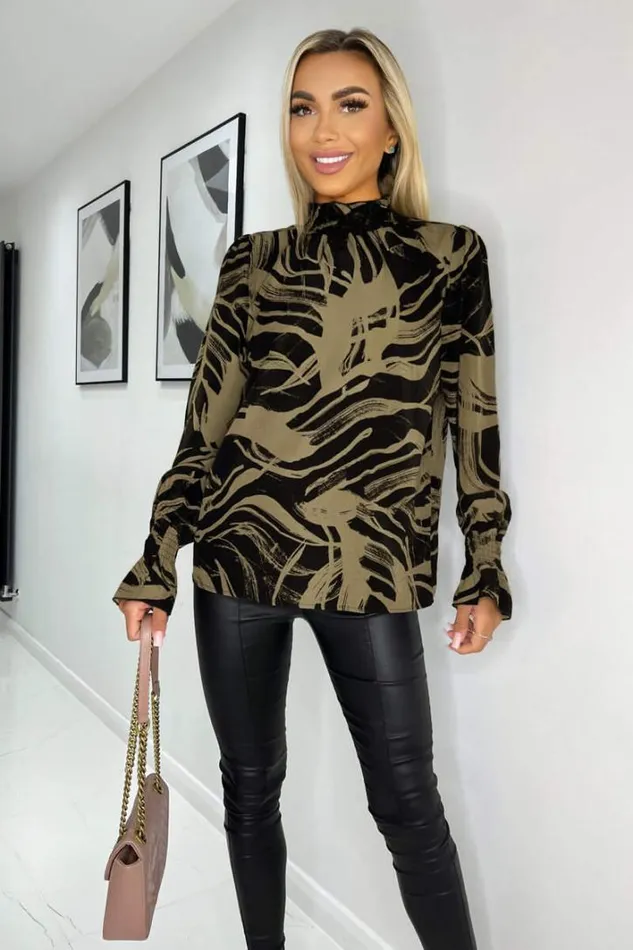 AX Paris Black And Khaki Print Shirred Neck Top Tops
