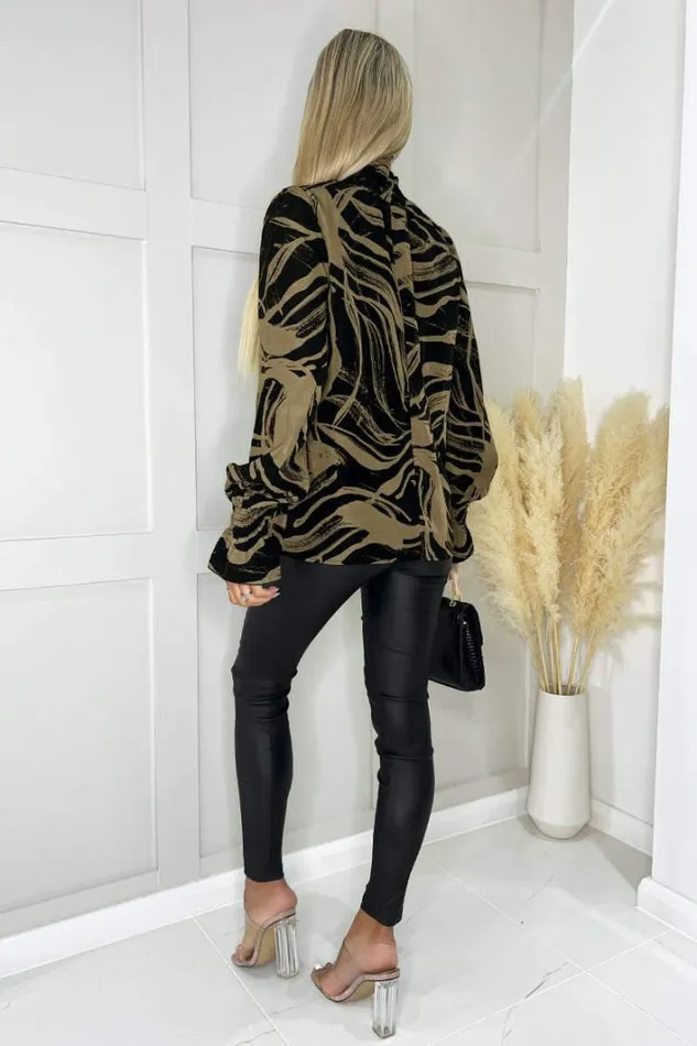 AX Paris Black And Khaki Print Shirred Neck Top Tops