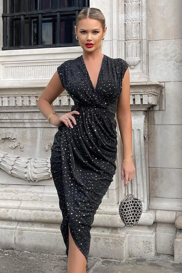 AX Paris Black Glitter Wrap Draped Midi Dress Dresses