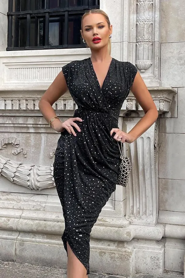 AX Paris Black Glitter Wrap Draped Midi Dress Dresses