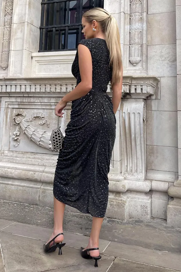 AX Paris Black Glitter Wrap Draped Midi Dress Dresses