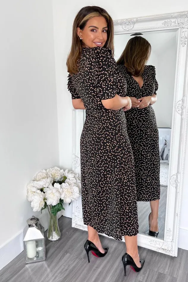 AX Paris Black Heart Printed Pleated Sleeve Midi Dress Dresses