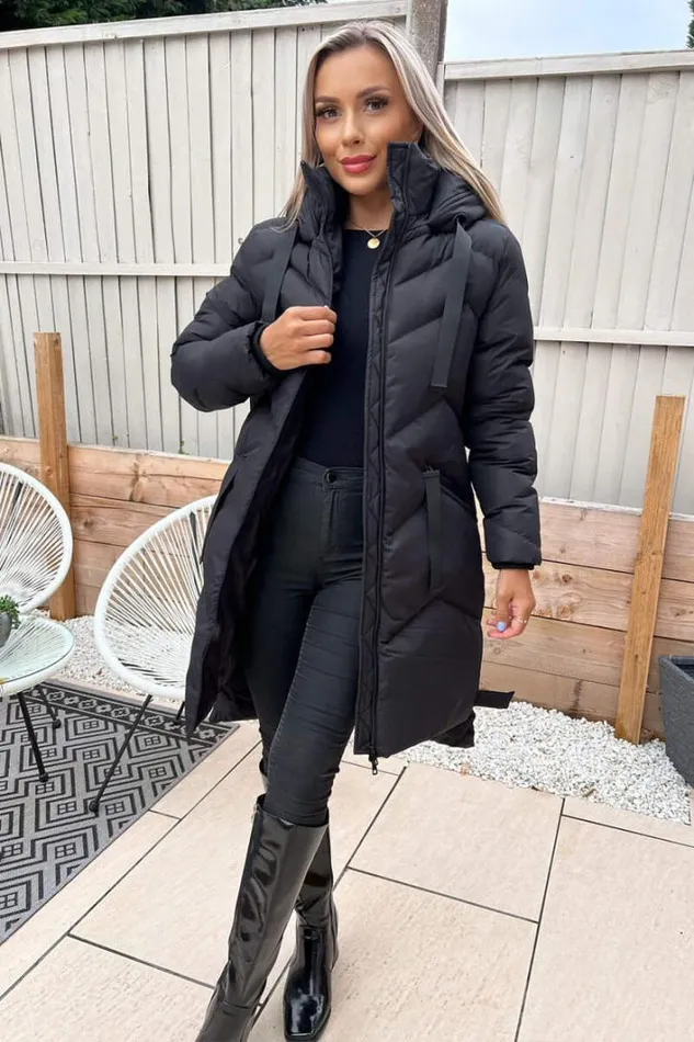 AX Paris Black Hooded Long Line Puffer Coat Coats and Jackets