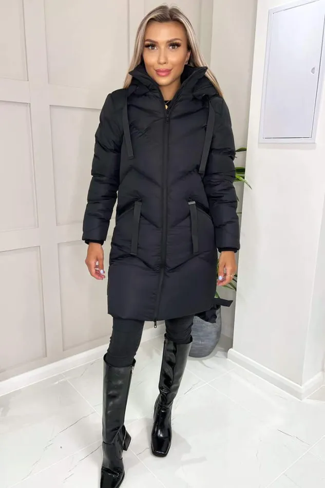 AX Paris Black Hooded Long Line Puffer Coat Coats and Jackets