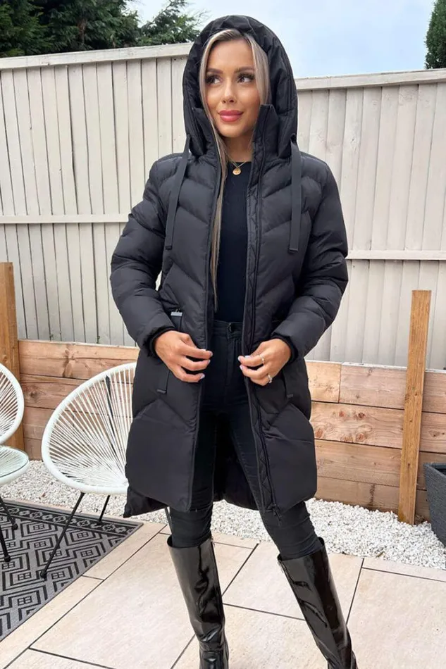 AX Paris Black Hooded Long Line Puffer Coat Coats and Jackets