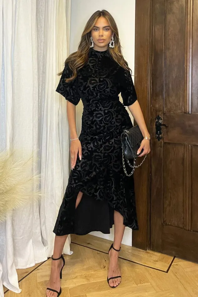 AX Paris Black Jacquard Velvet Asymmetrical Hem High Neck Midi Dress Dresses