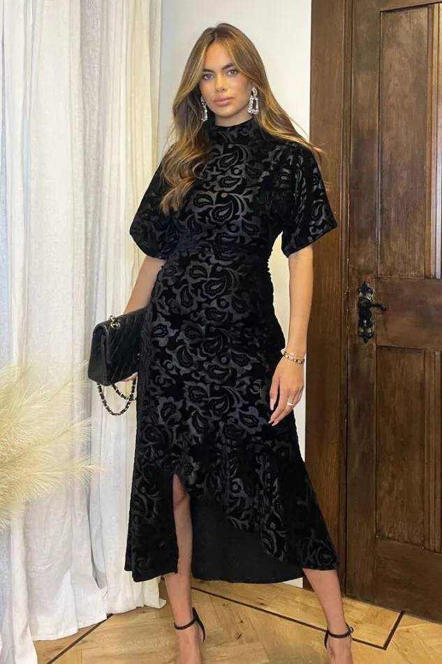 AX Paris Black Jacquard Velvet Asymmetrical Hem High Neck Midi Dress Dresses