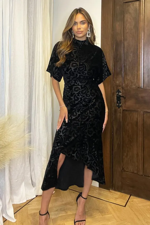 AX Paris Black Jacquard Velvet Asymmetrical Hem High Neck Midi Dress Dresses