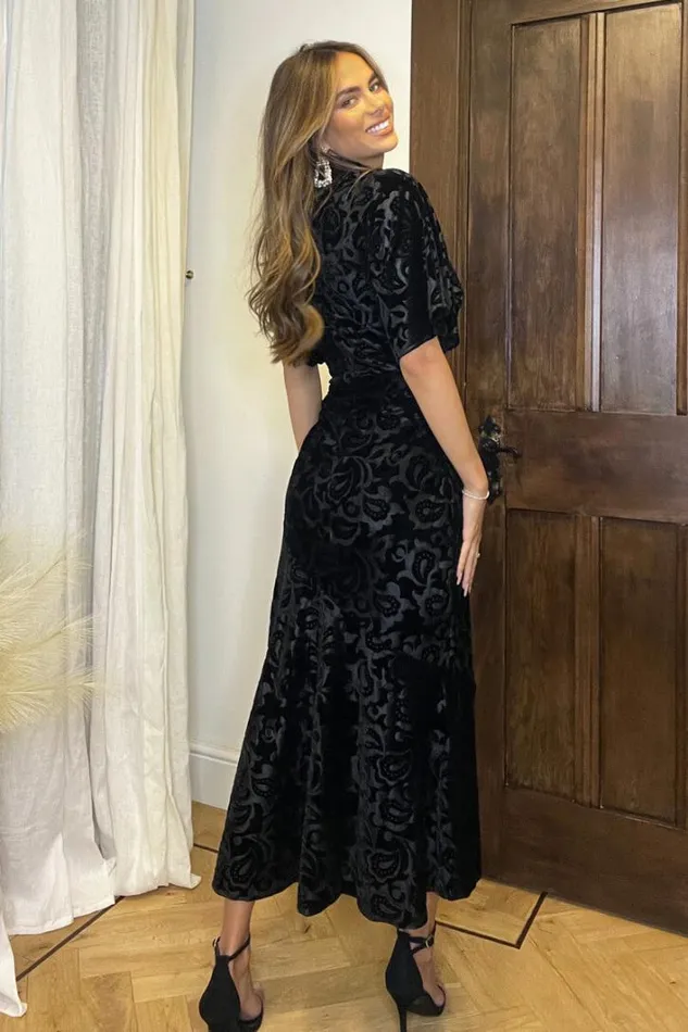 AX Paris Black Jacquard Velvet Asymmetrical Hem High Neck Midi Dress Dresses